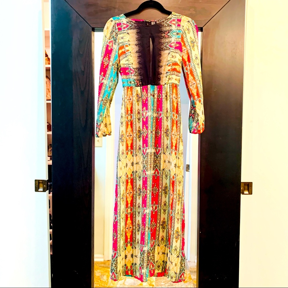 NWOT Sheer long dress with beautiful colorful pattern. So UNIQUE  w/comfy-flow
